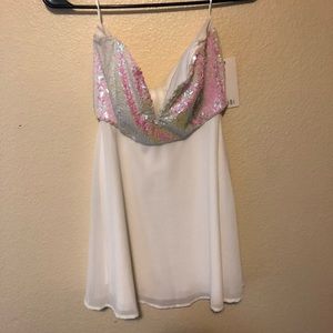 Sequin top, strapless dress